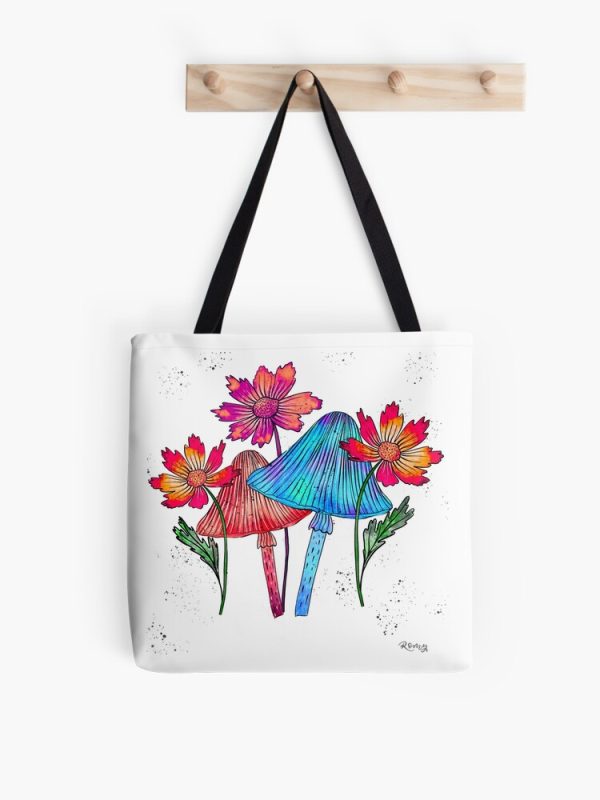 Magic Mushrooms design with colourful flowers Tote Bag