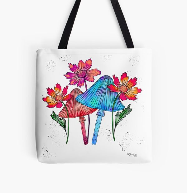 Magic Mushrooms design with colourful flowers Tote Bag - Image 2