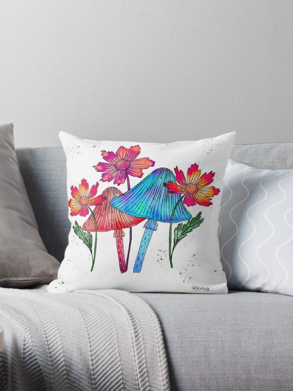 Pillow cover with vibrant mushrooms