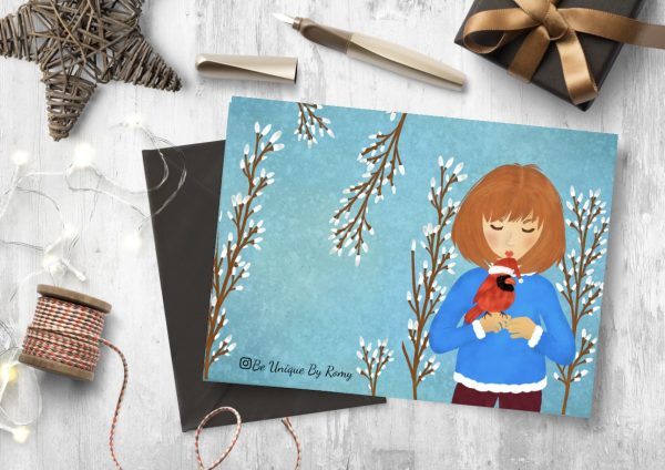 "Snowy Wishes: Cute Girl with Red Cardinal Christmas Card" - Image 2