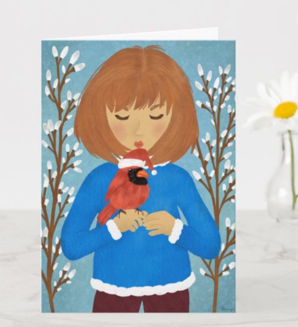 "Snowy Wishes: Cute Girl with Red Cardinal Christmas Card" - Image 3