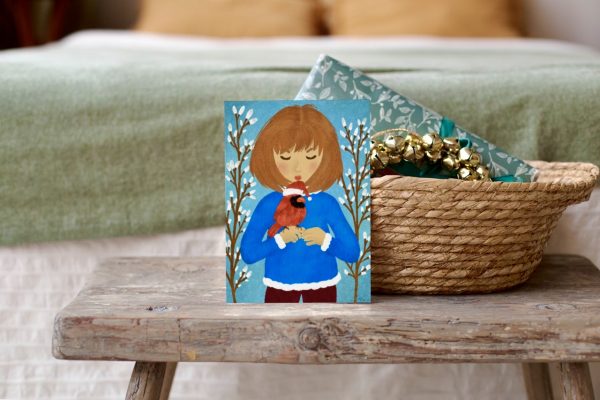 "Snowy Wishes: Cute Girl with Red Cardinal Christmas Card" - Image 4