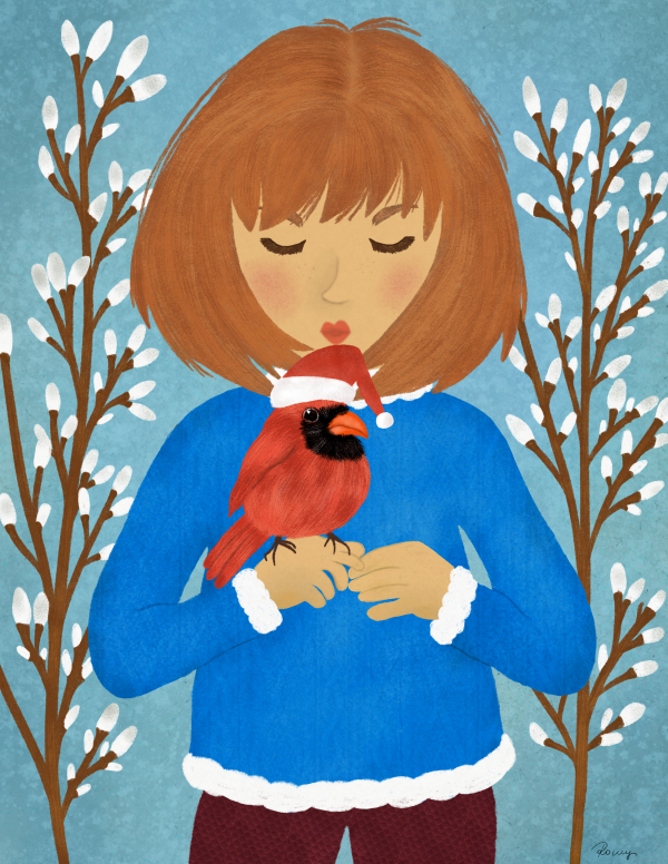 "Snowy Wishes: Cute Girl with Red Cardinal Christmas Card" - Image 5