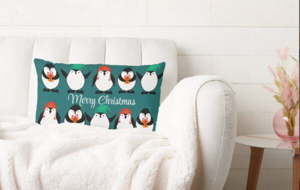 Arctic Greetings penguins Throw Pillow - Image 2