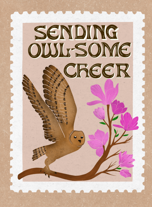 Christmas Owl Greeting card in Vintage Stamp Style - Image 2