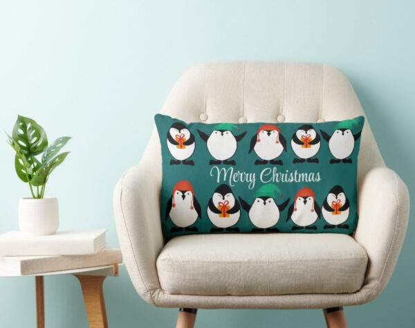 Arctic Greetings penguins Throw Pillow - Image 4