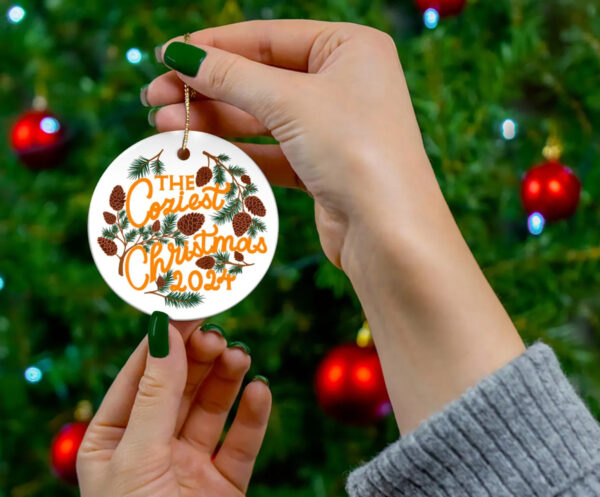 Cozy Christmas 2024 Ornament – Hand-Drawn & Hand-Lettered Design with Green Branches and Yellow Lettering