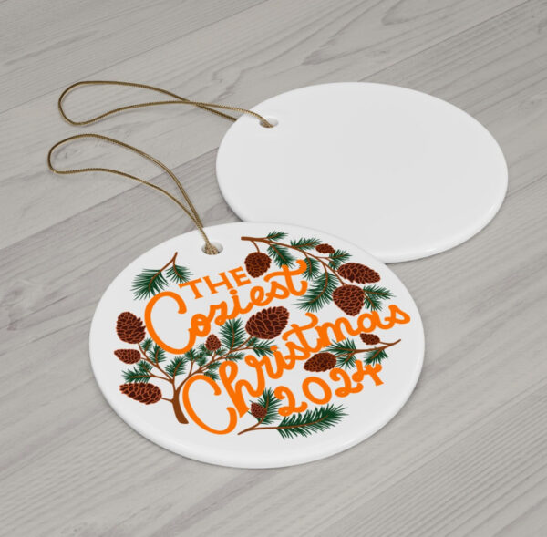 Cozy Christmas 2024 Ornament – Hand-Drawn & Hand-Lettered Design with Green Branches and Yellow Lettering - Image 3