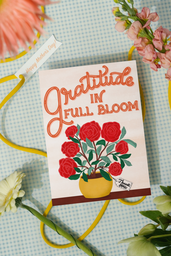 Gratitude in Full Bloom Floral Thank You Card | Hand-Drawn Vase & Flowers | Mom,Nurse, Teacher, or Caregiver Appreciation