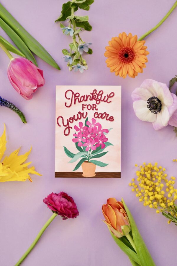 Thankful for Your Care" – Hand-Drawn Greeting Card | Nurse, Doctor, Caregiver Appreciation | Floral Thank You Card