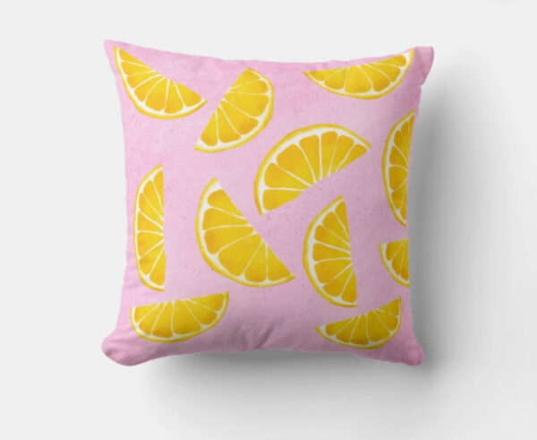 Pillow with orange juice slices on pink background - Image 7