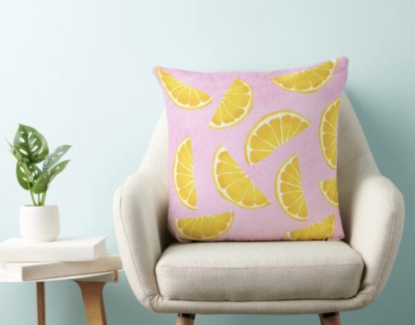 Pillow with orange juice slices on pink background - Image 8